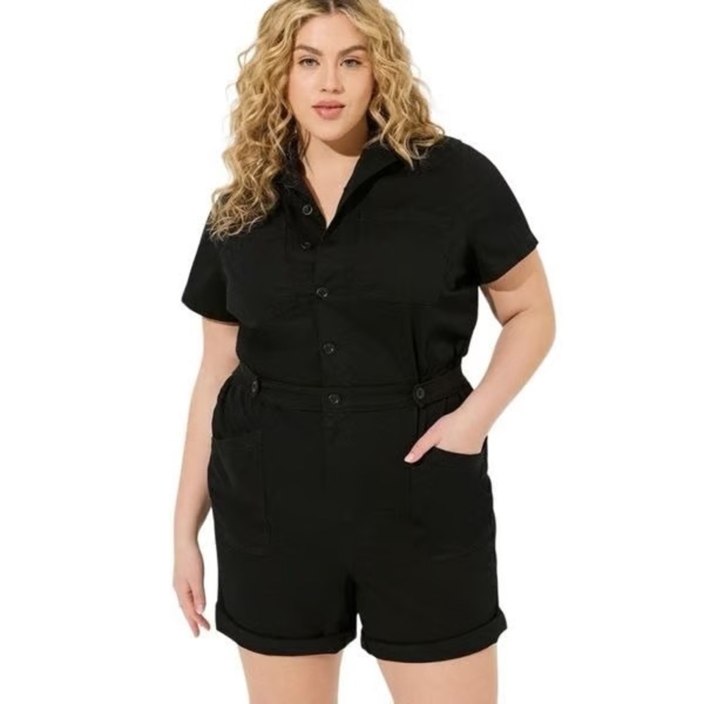 Torrid black lightweight twill short-sleeve utility romper